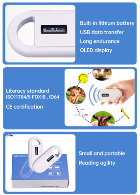 يده البلاستيك الحيوان رقاقة قارئ بطاقة RFID PT160 134.2 كيلو هرتز شاشة OLED USB بطارية ليثيوم CE معتمد ISO 11784/11785