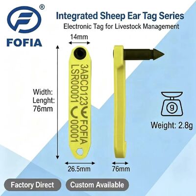 بطاقة أذن إلكترونية RFID Fofia HDX مقاومة لدرجات الحرارة العالية مدمجة مضادة للسقوط من مادة TPU مرمزة بالليزر ET969 للخراف الصفراء 1.5 بوصة