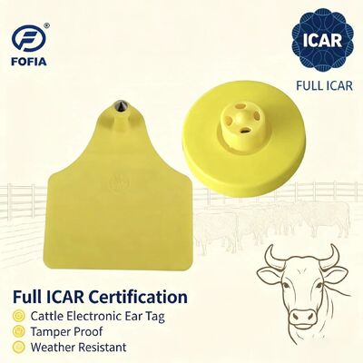 بطاقات أذن FOFIA الجديدة الكاملة ICAR متينة مقاومة للماء RFID TPU صفراء LF ET908+T905 رقائق مزرعة ضمان 5 سنوات للأبقار 14.5 مم