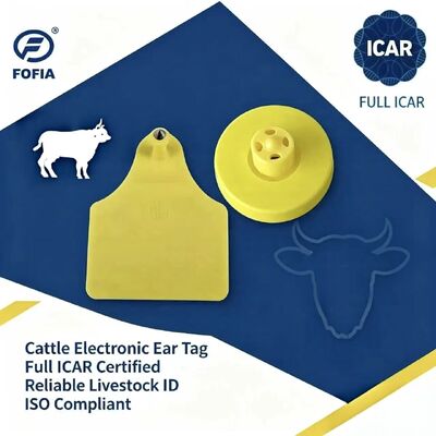 FOFIA جديدة كاملة ICAR دائمة مقاومة للماء RFID TPU علامات الأذن الصفراء ET908 + T905 رقائق المزرعة ضمان 5 سنوات الماشية 14.5mm