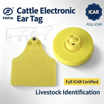 بطاقات أذن FOFIA الجديدة بالكامل ICAR LF متينة مقاومة للماء RFID TPU صفراء للأبقار والخنازير والأغنام ET908+T905 رقائق EM4305 ضمان 5 سنوات 14.5 مم