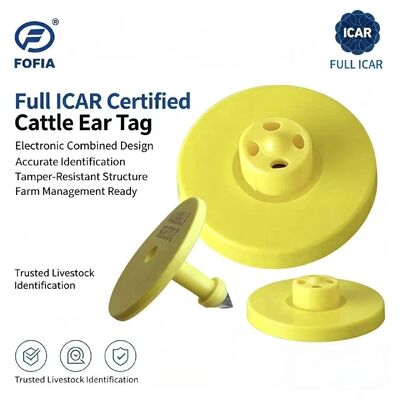 فوفيا الجديدة ICAR كامل ET908+T901 RFID مقاوم للماء LF TPU علامات أذن الحيوانات الصفراء 14.5mm رقائق الأبقار 5 سنوات الضمان 0.01g