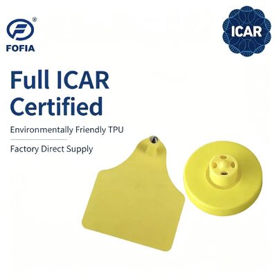 بطاقات أذن FOFIA الجديدة الكاملة ICAR متينة مقاومة للماء RFID LF TPU صفراء ET908+T905 رقائق EM4305 ضمان 5 سنوات للأبقار 14.5 مم