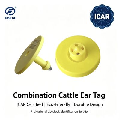 بطاقة أذن بقرة Fofia مقاومة للماء ومعتمدة بالكامل من ICAR ET908+T901 جديدة صفراء RFID TPU بضمان عالي الجودة لمدة 1.5 سنة للماشية