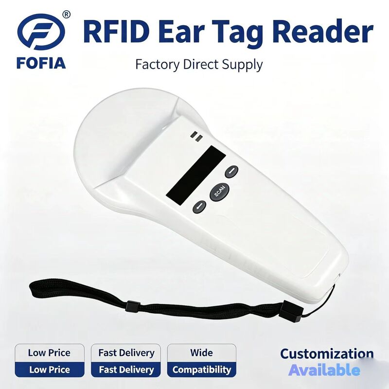 FOFIA قارئ محمول باليد من البلاستيك المتين RFID مع شاشة OLED مقاس 128 × 32 / USB للاستخدام طويل المدى للحيوانات الأليفة والمزرعة / المزرعة