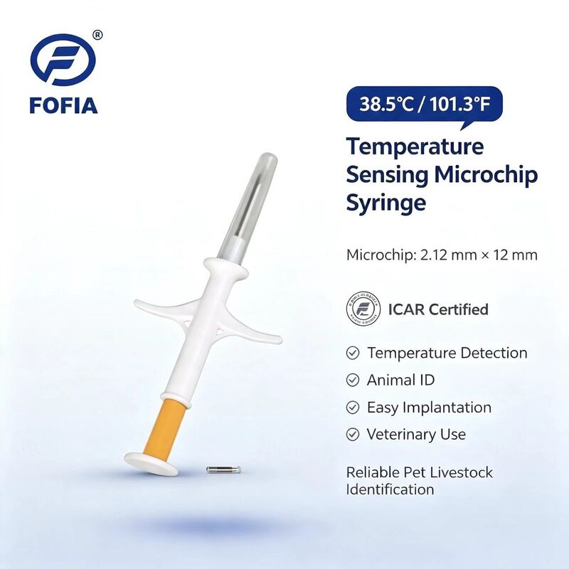 رقاقة RFID حيوية زجاجية بيضاء HT001 من Fofia معتمدة من ICAR تستشعر درجة الحرارة، معرف حيواني مقاوم للماء للكلاب والقطط 1.5