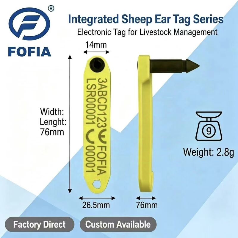 بطاقة أذن إلكترونية RFID Fofia HDX مقاومة لدرجات الحرارة العالية مدمجة مضادة للسقوط من مادة TPU مرمزة بالليزر ET969 للخراف الصفراء 1.5 بوصة