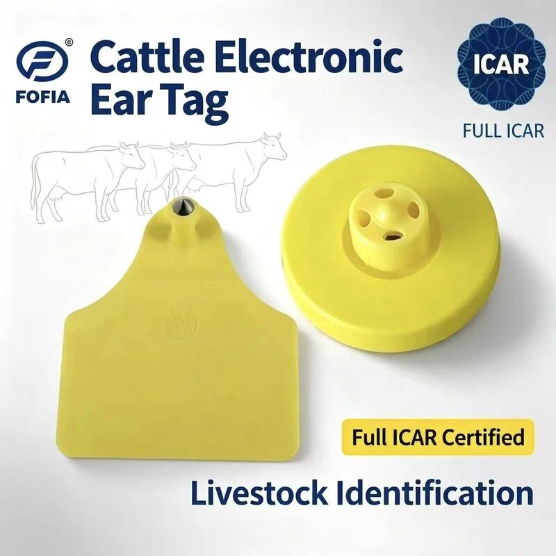 بطاقات أذن FOFIA الجديدة بالكامل ICAR LF متينة مقاومة للماء RFID TPU صفراء للأبقار والخنازير والأغنام ET908+T905 رقائق EM4305 ضمان 5 سنوات 14.5 مم