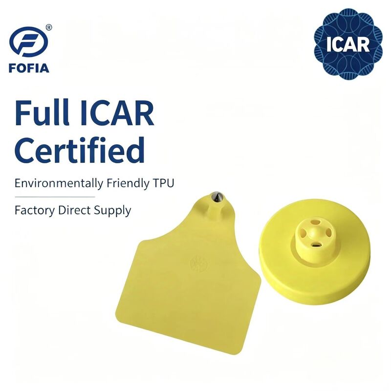 بطاقات أذن FOFIA الجديدة الكاملة ICAR متينة مقاومة للماء RFID LF TPU صفراء ET908+T905 رقائق EM4305 ضمان 5 سنوات للأبقار 14.5 مم